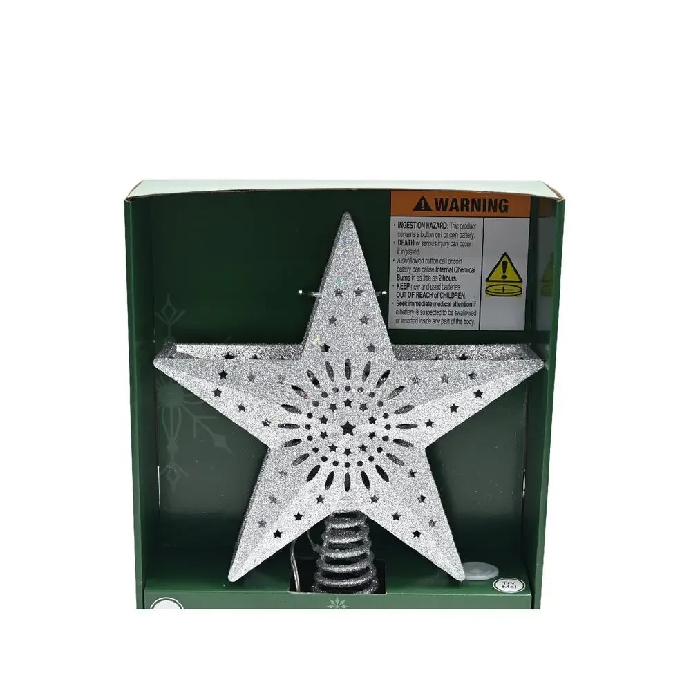 Projection LED Light Up Star Christmas Tree Topper Silver 10